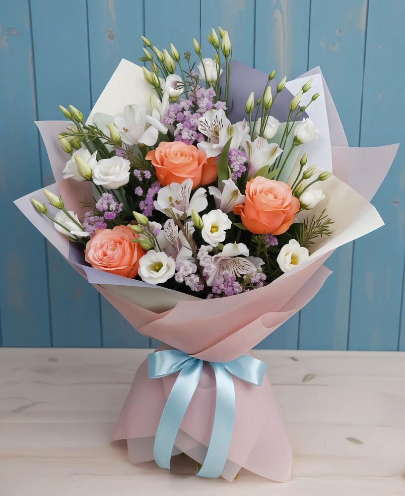 Букет цветов из: Лизиантусы, Розы, Альстромерии и Гипсофила в Гагарине